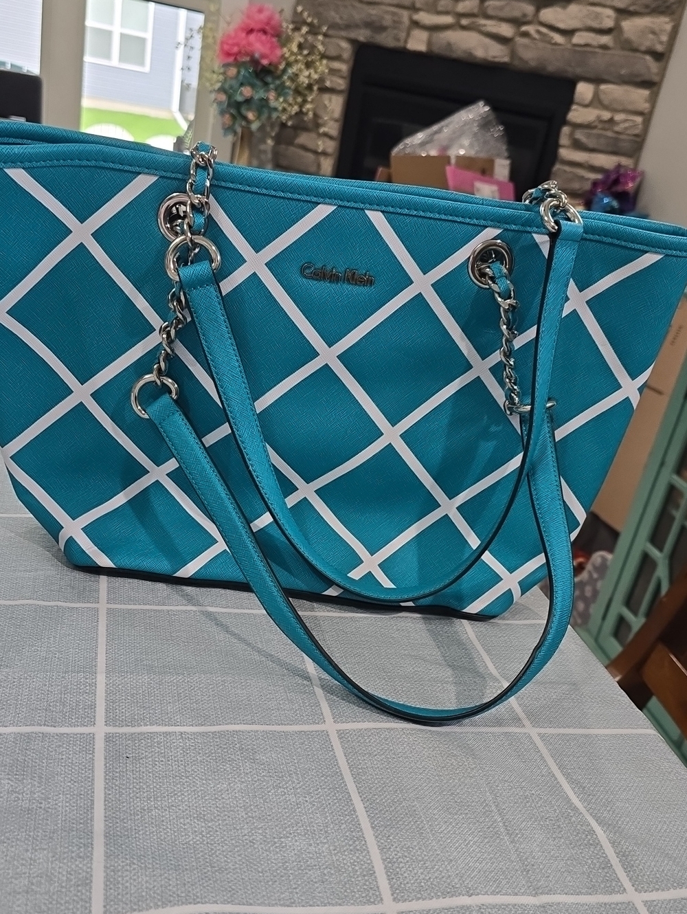 Calvin Klein Turquoise White Grid Tote